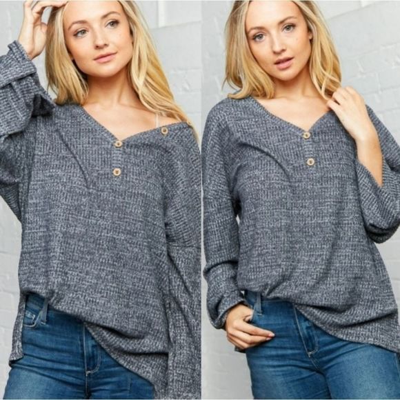 Charcoal Waffle Brushed Button V-Neck Top - Picture 3 of 4